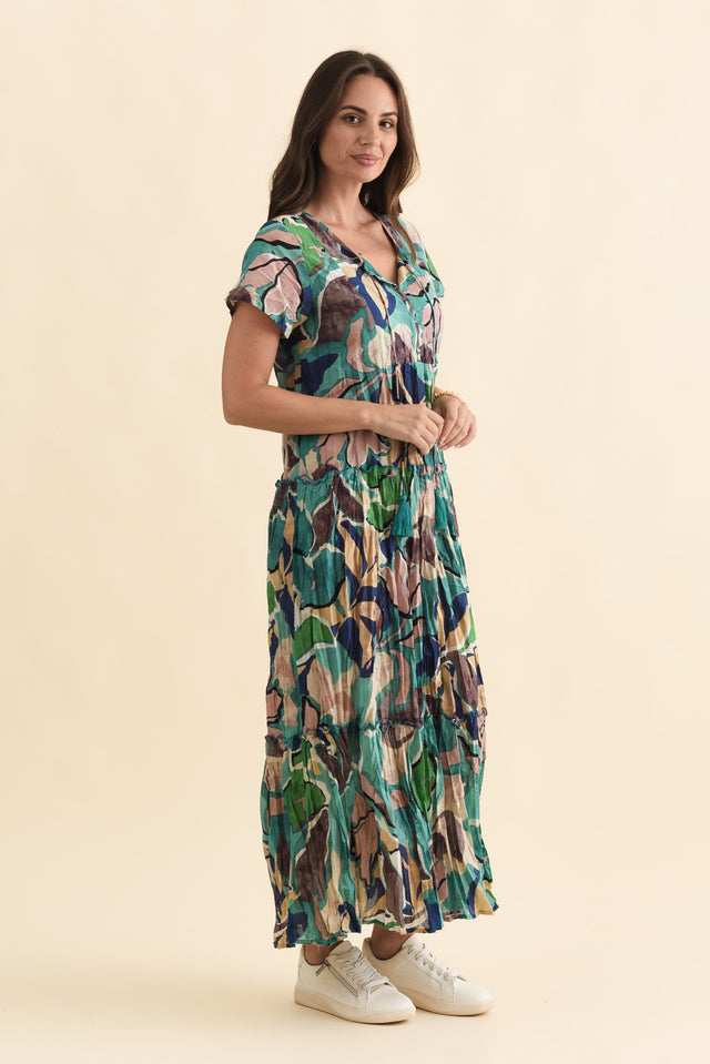 Nona Teal Foliage Crinkle Cotton Maxi Dress,Brunette model,alt text|model:MJ image 5