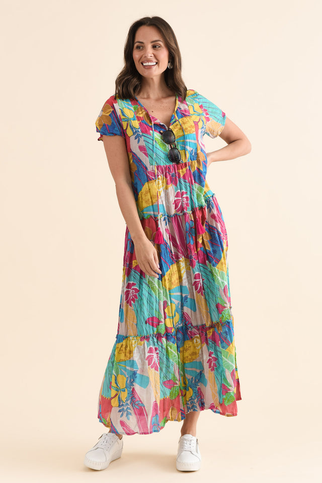 Nona Yellow Blossom Crinkle Cotton Maxi Dress,Front,Brunette model,alt text|model:MJ