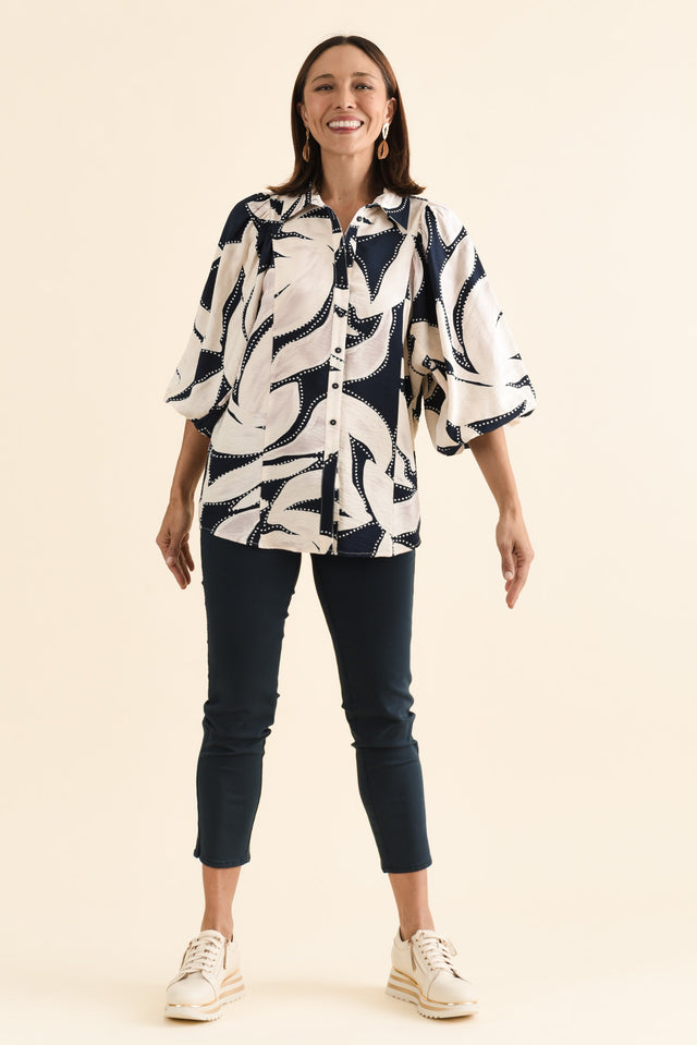 Nova Navy Floral Collared Shirt,brunette model,Full Outfit,alt text|model:Cara image 2