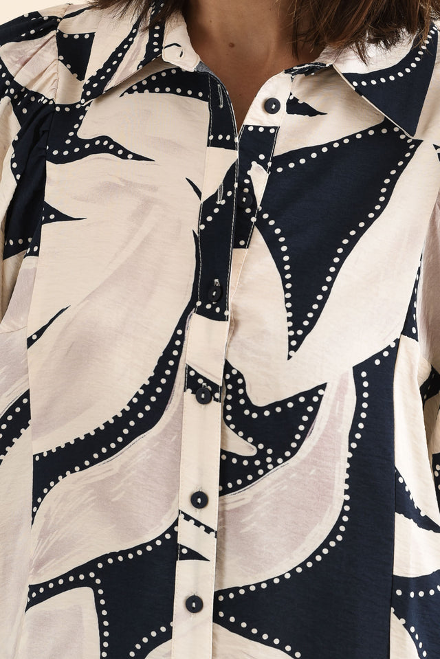 Nova Navy Floral Collared Shirt,brunette model,Close up of outfit,alt text|model:Cara image 5