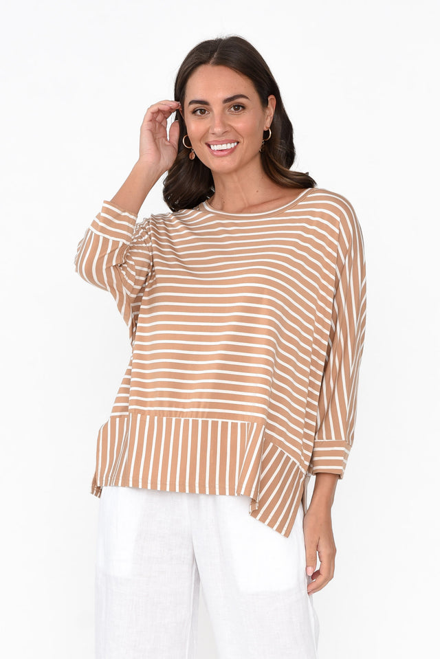 Novalie Beige Stripe Bamboo Top neckline_Round