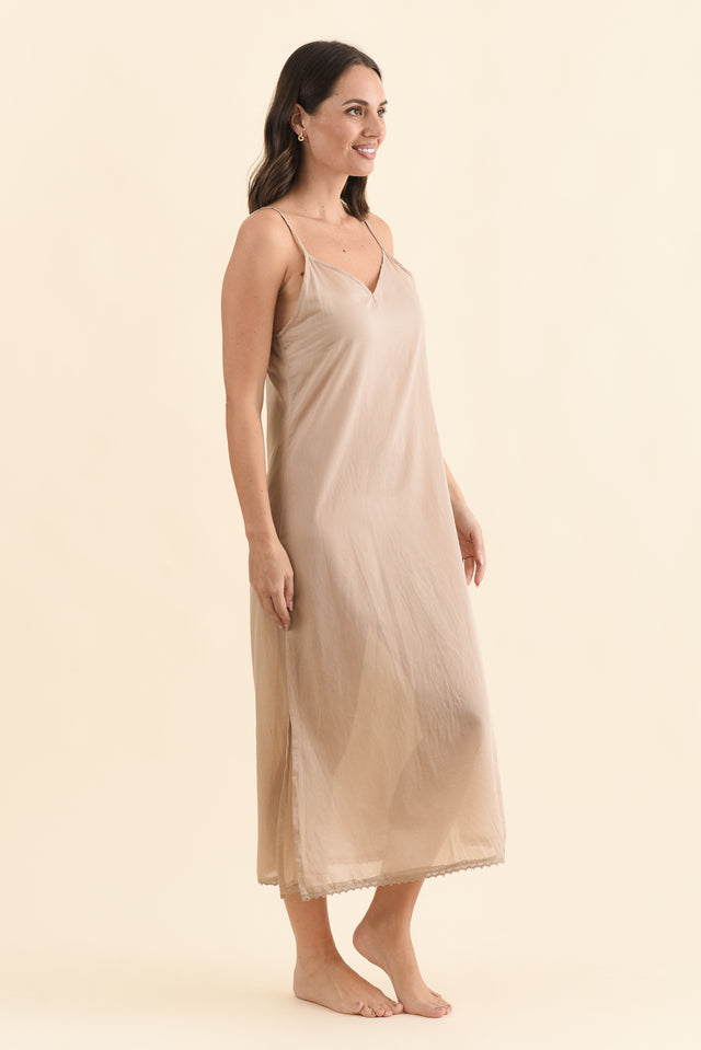 Nude Cotton Maxi Slip Dress,Brunette model,alt text|model:MJ image 3