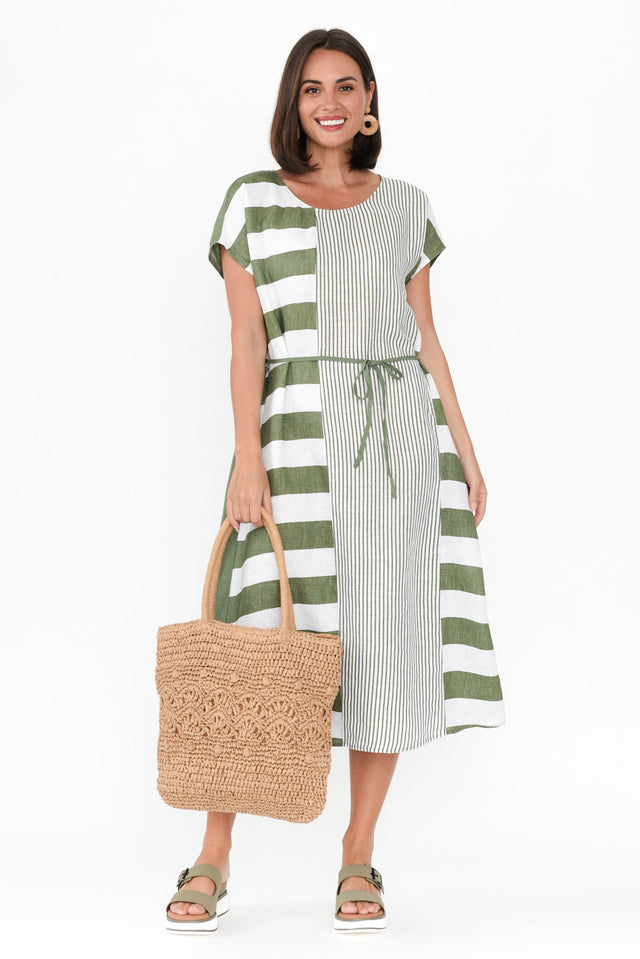 Nunez Khaki Stripe Linen Blend Dress,Brunette model,alt text|model:MJ