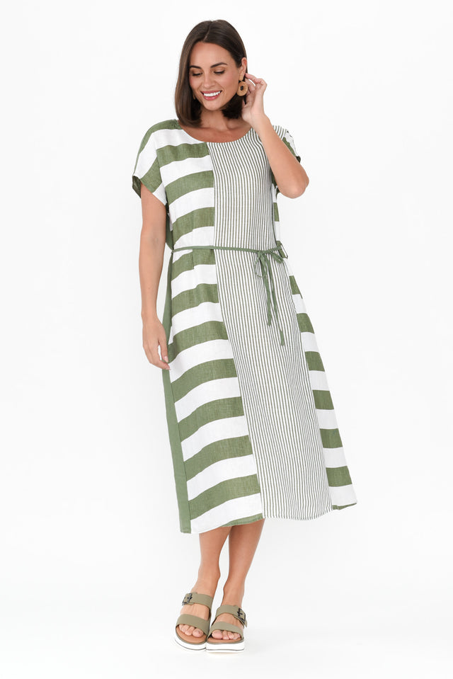 Nunez Khaki Stripe Linen Blend Dress,Brunette model,alt text|model:MJ image 8