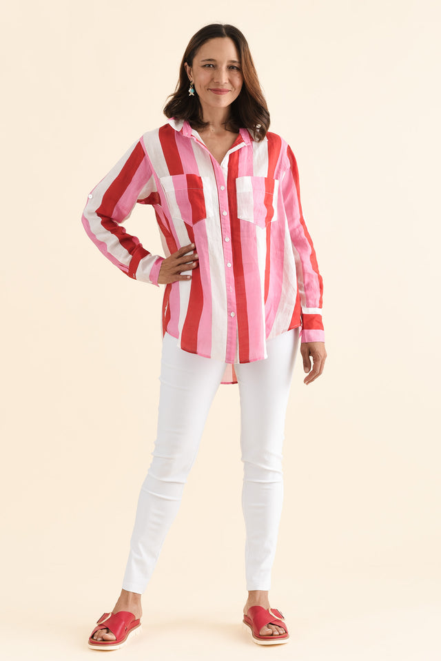 Nyla Red Stripe Linen Shirt,Full Body,Brunette model,alt text|model:Cara