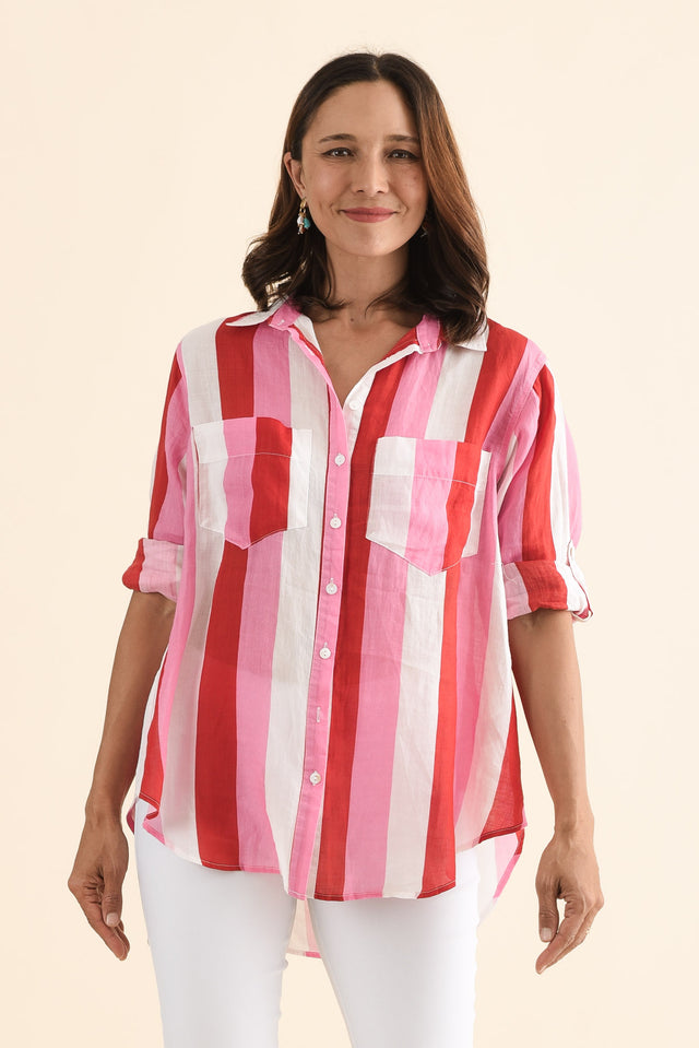 Nyla Red Stripe Linen Shirt,Front,Brunette model,alt text|model:Cara