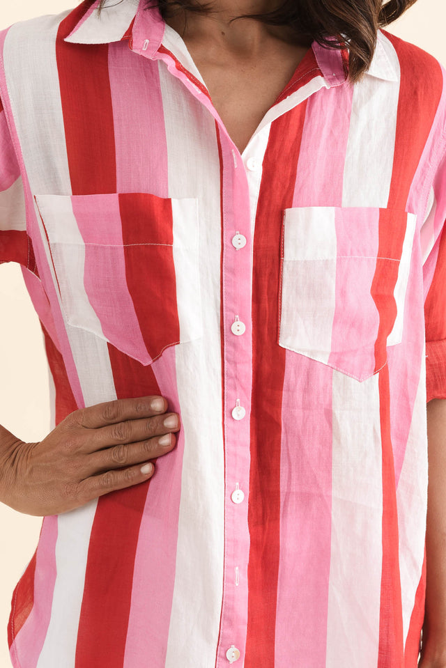 Nyla Red Stripe Linen Shirt,Detail,Brunette model,alt text|model:Cara image 5
