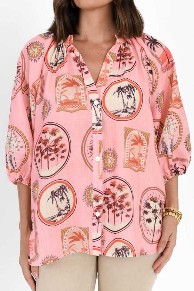 Nyssa Pink Tropical Linen Blend Shirt,Brunette model,alt text|model:MJ image 6