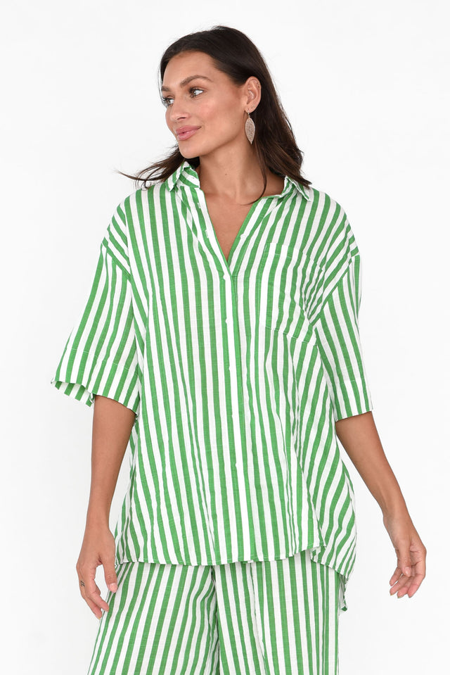 Nyx Green Stripe Cotton Blend Shirt neckline_V Neck 