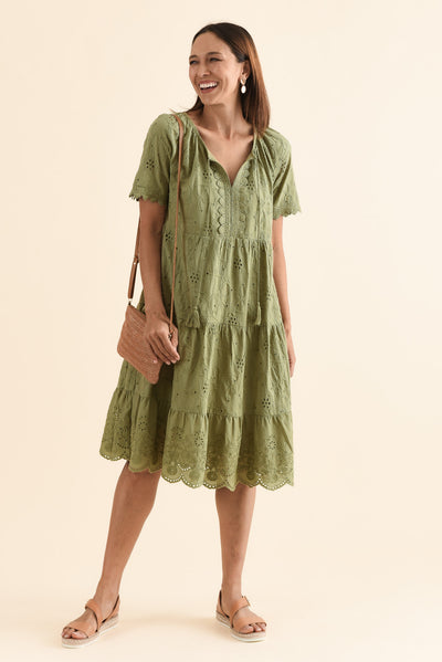 Oak Khaki Cotton Embroidered Dress