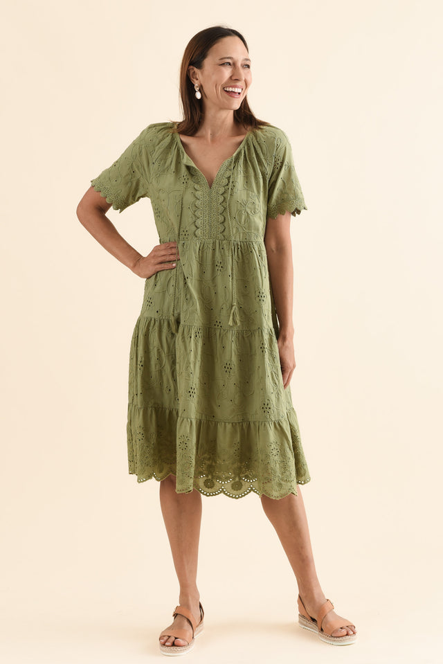 Oak Khaki Cotton Embroidered Dress,Full Body,Brunette model,alt text|model:Cara image 6