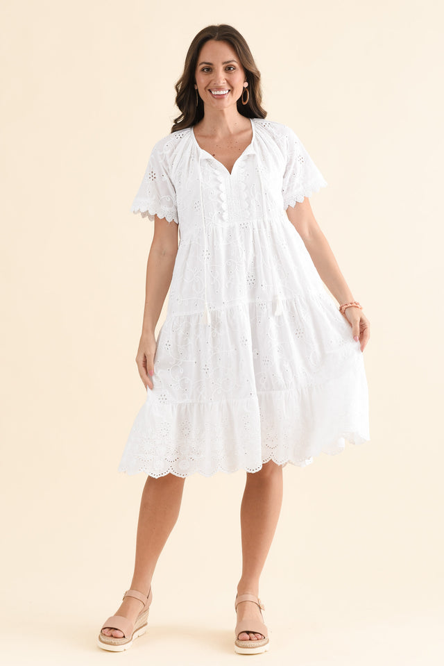 Oak White Cotton Embroidered Dress,Full Body,Brunette model,alt text|model:MJ image 2