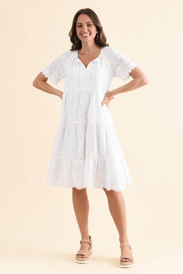 Oak White Cotton Embroidered Dress,Full Body,Brunette model,alt text|model:MJ image 6