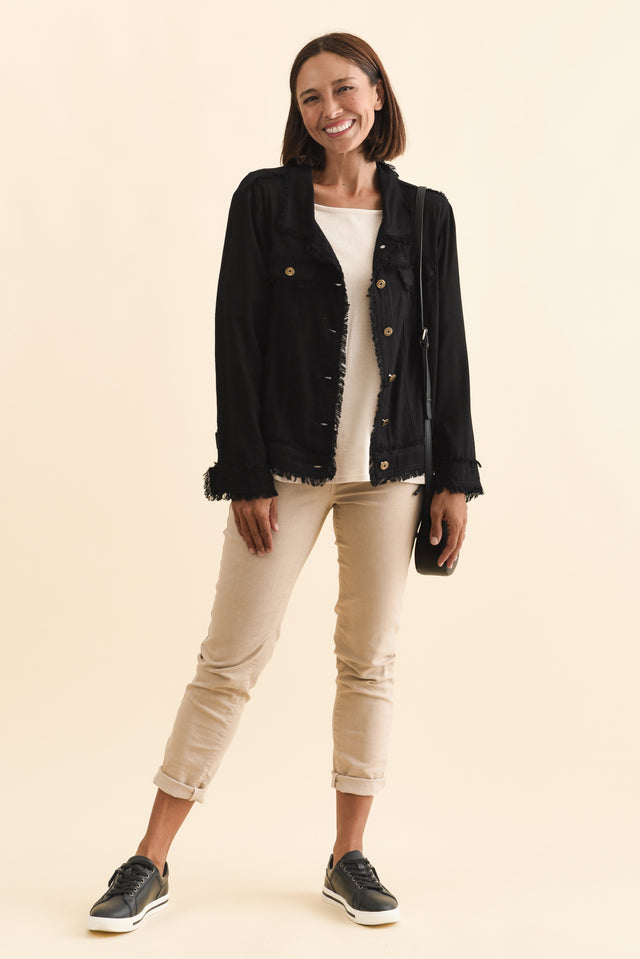 Oakley Black Linen Frayed Jacket,Brunette model,alt text|model:Cara image 3
