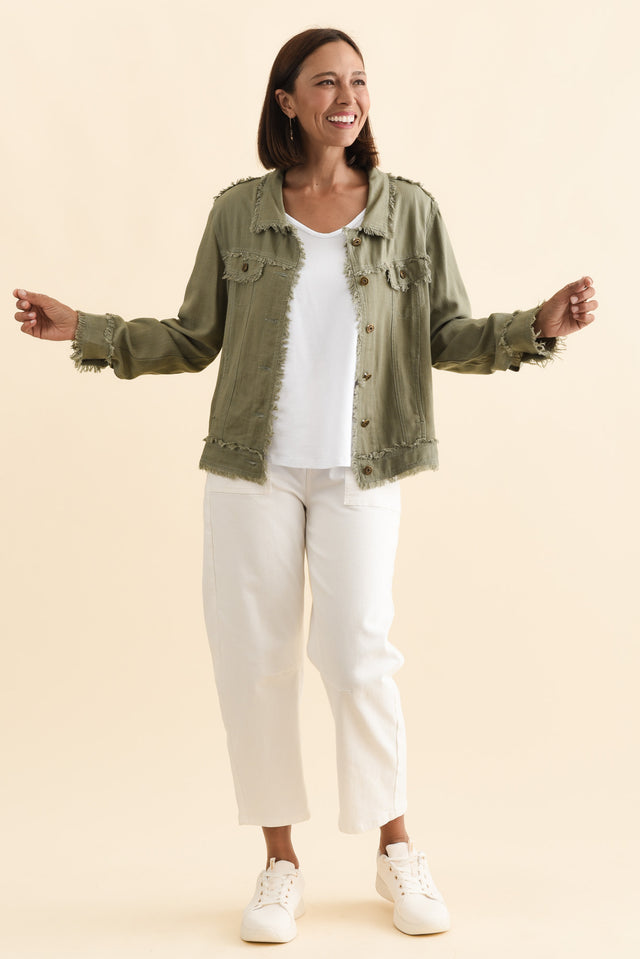 Oakley Khaki Linen Frayed Jacket,Brunette model,alt text|model:Cara image 7