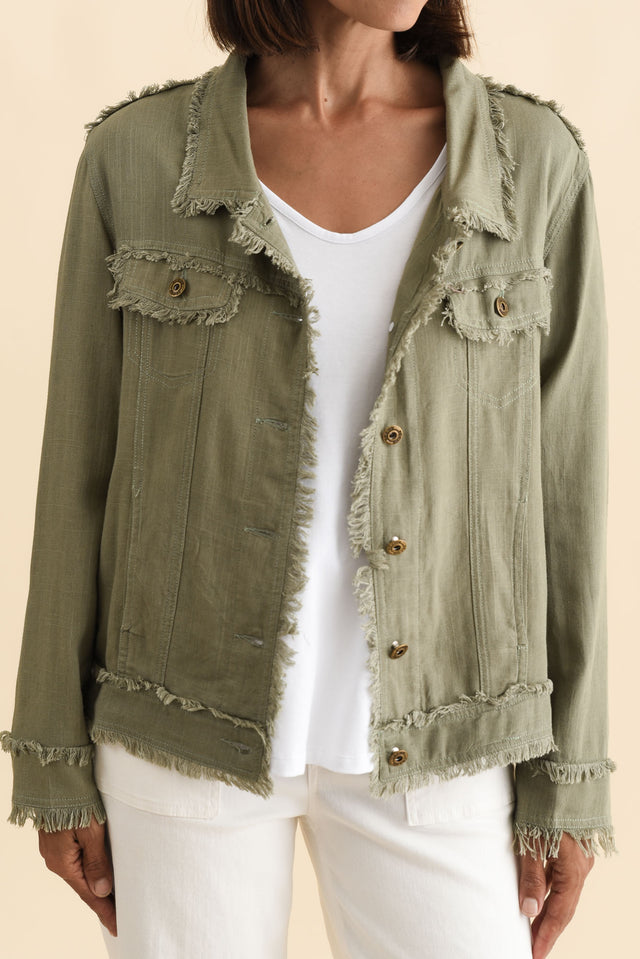 Oakley Khaki Linen Frayed Jacket,Brunette model,alt text|model:Cara image 6