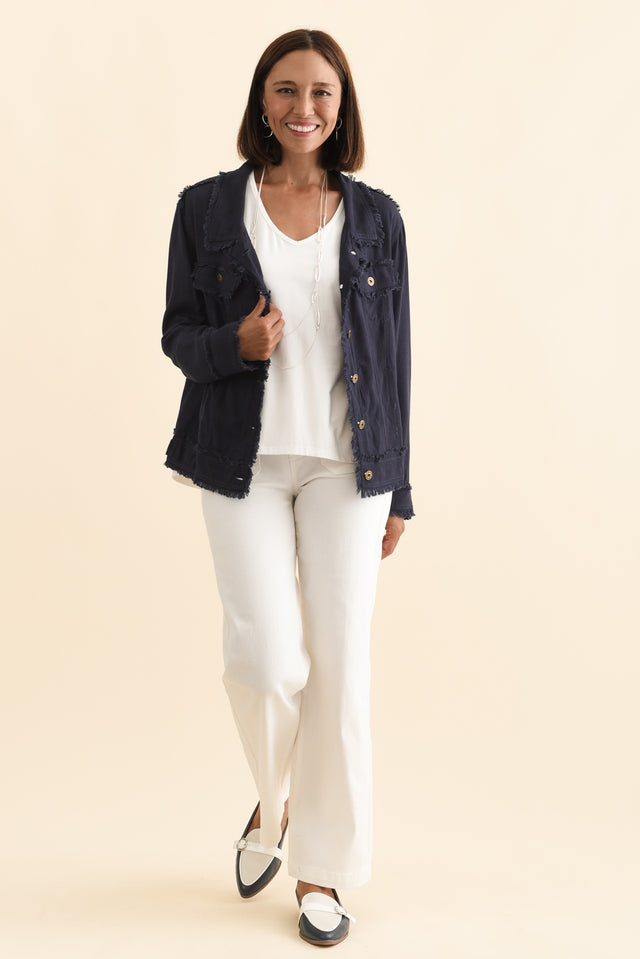 Oakley Navy Linen Frayed Jacket,Brunette model,alt text|model:Cara image 4