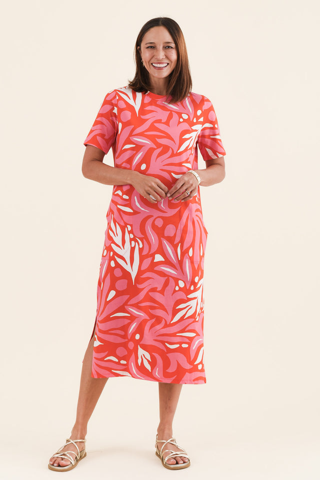 Oceana Orange Abstract Cotton Tee Dress,Full Body,Brunette model,alt text|model:Cara image 6