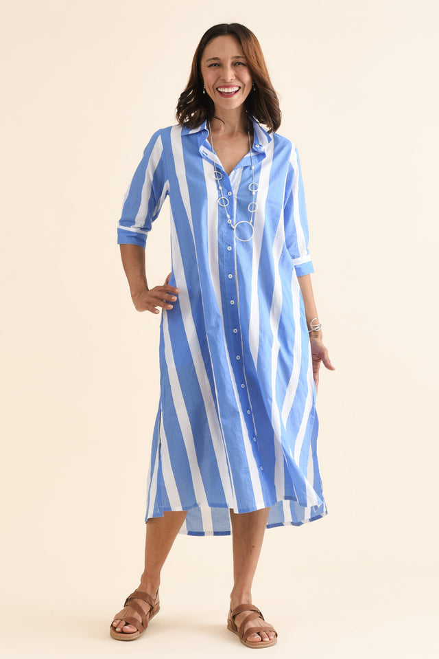 Odessa Blue Stripe Organic Cotton Shirt Dress,Full Body,Brunette model,alt text|model:Cara image 6