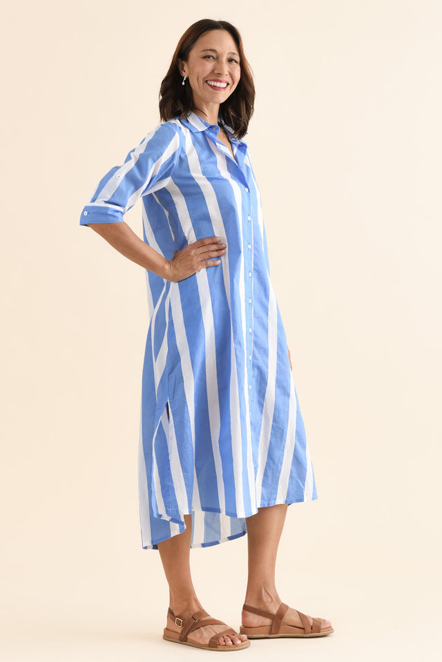 Odessa Blue Stripe Organic Cotton Shirt Dress,Side,Brunette model,alt text|model:Cara image 3