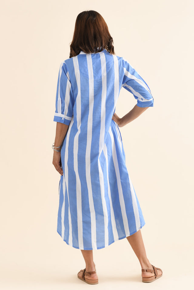 Odessa Blue Stripe Organic Cotton Shirt Dress,Back,Brunette model,alt text|model:Cara image 4