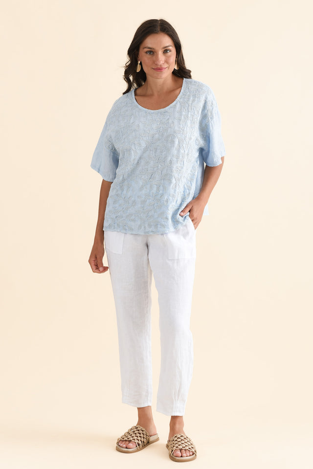 Odia Blue Abstract Linen Embroidered Top,Full Body,Brunette model,alt text|model:Brontie image 2