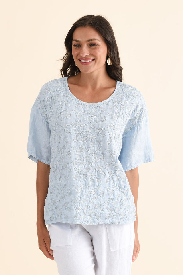 Odia Blue Abstract Linen Embroidered Top,Front,Brunette model,alt text|model:Brontie image 1