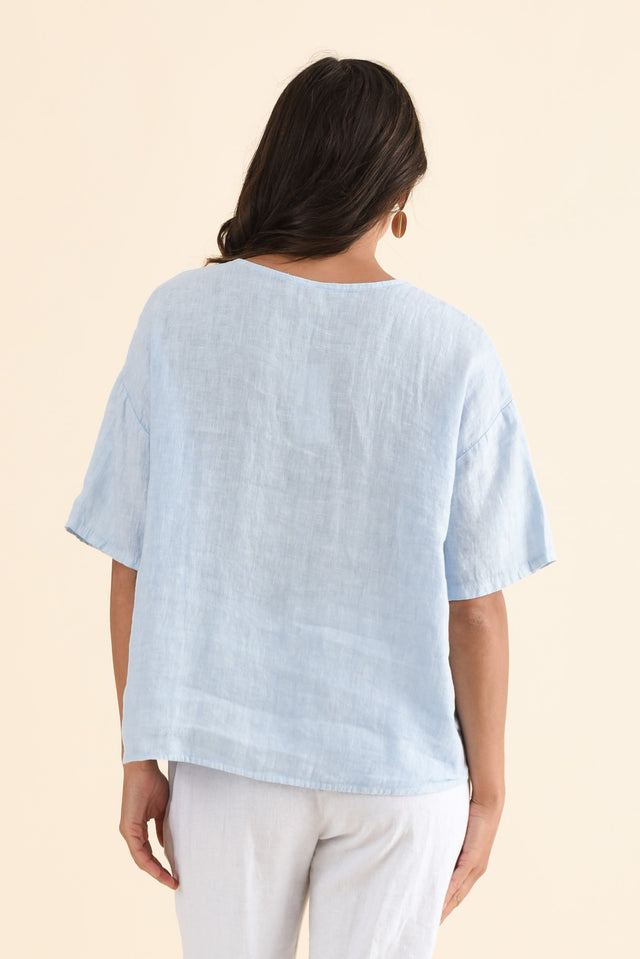 Odia Blue Abstract Linen Embroidered Top,Back,Brunette model,alt text|model:Brontie image 4