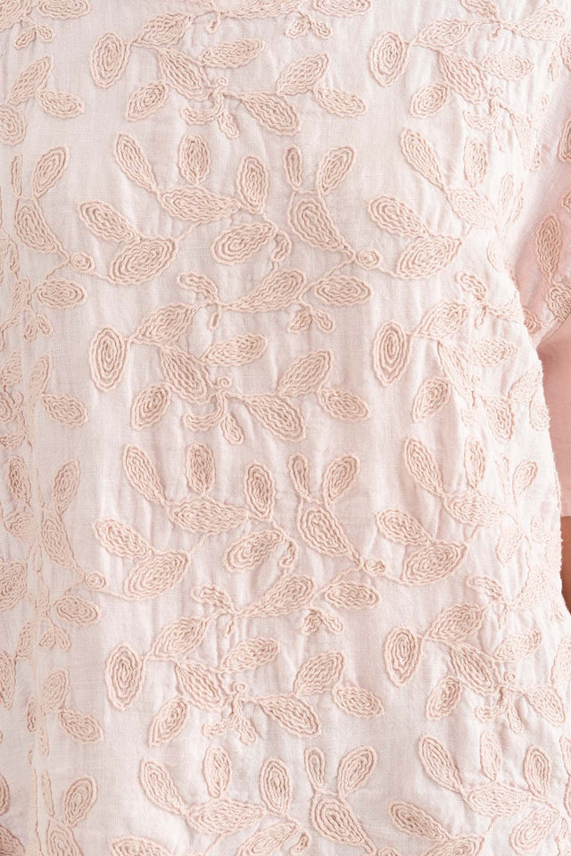 Odia Pink Abstract Linen Embroidered Top,Detail,Brunette model,alt text|model:Laura image 5