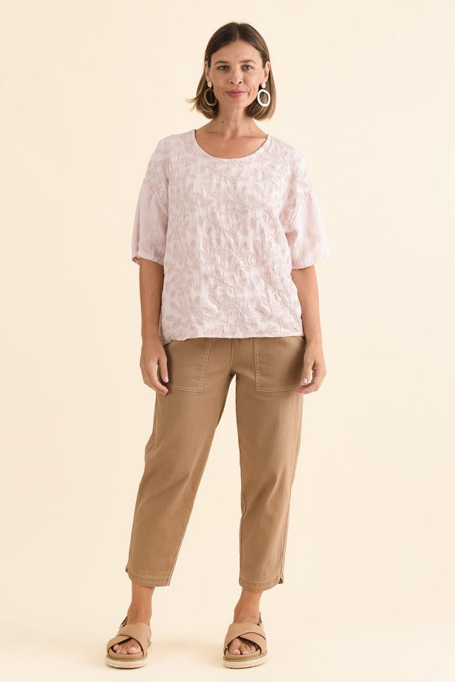 Odia Pink Abstract Linen Embroidered Top,Full Body,Brunette model,alt text|model:Laura image 6