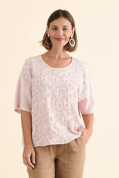 Odia Pink Abstract Linen Embroidered Top