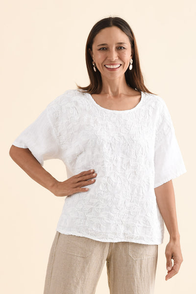 Odia White Abstract Linen Embroidered Top