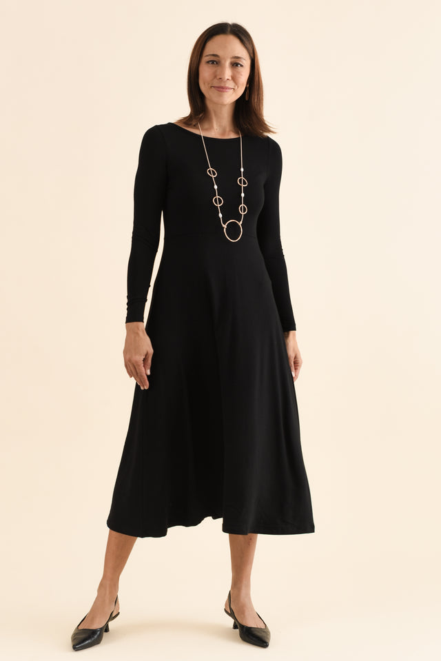 Olivia Black Bamboo Sleeved Dress,Front,Brunette model,alt text|model:Cara