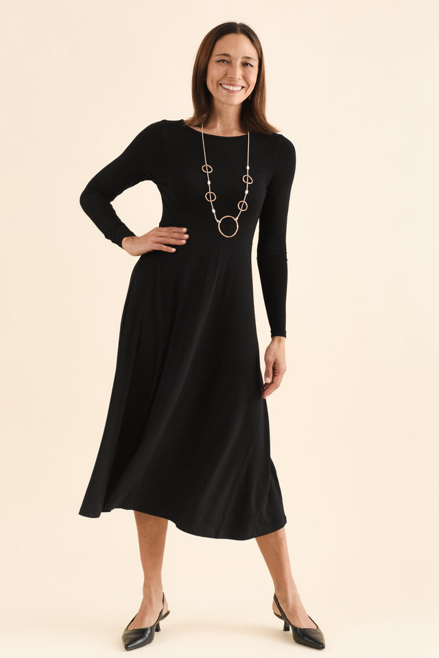 Olivia Black Bamboo Sleeved Dress,Full Body,Brunette model,alt text|model:Cara image 8