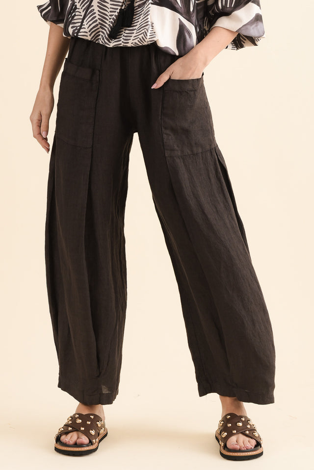 Ona Chocolate Linen Barrel Pants,Front,Brunette model,alt text|model:MJ image 1