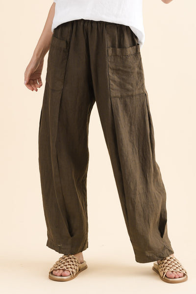 Ona Khaki Linen Barrel Pants