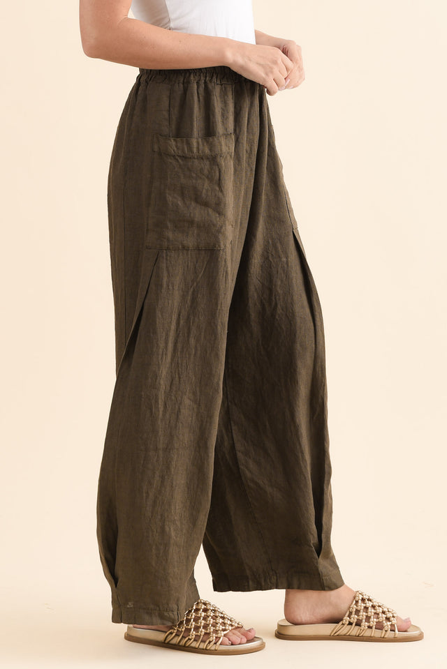 Ona Khaki Linen Barrel Pants,Side,Brunette model,alt text|model:MJ image 3