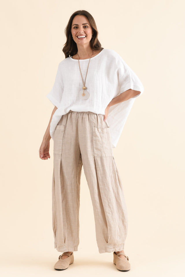 Ona Natural Linen Barrel Pants,Full Body,Brunette model,alt text|model:MJ image 2