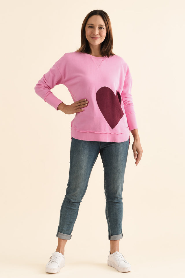 One Heart Pink Cotton Crewneck Sweatshirt,brunette model,Full Outfit,alt text|model:Cara image 2