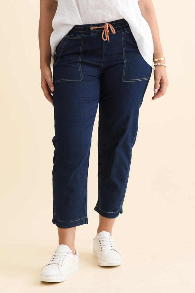 Orbe Indigo Denim Drawstring Jeans,Brunette model,alt text|model:Emilia image 8