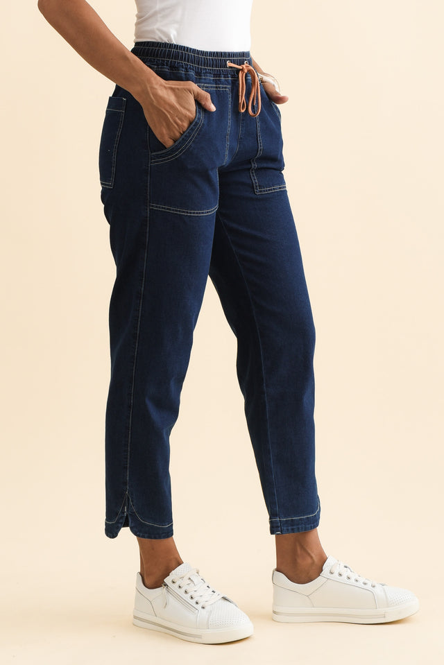 Orbe Indigo Denim Drawstring Jeans,Brunette model,alt text|model:Cara image 4