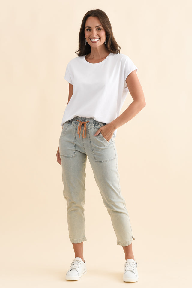 Orbe Light Blue Denim Drawstring Jeans,Brunette model,alt text|model:MJ image 8