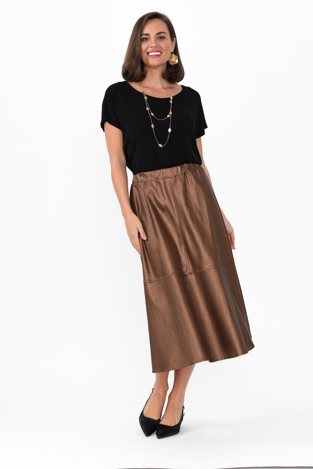 Oriel Bronze Faux Leather Midi Skirt,Brunette model,alt text|model:MJ image 8