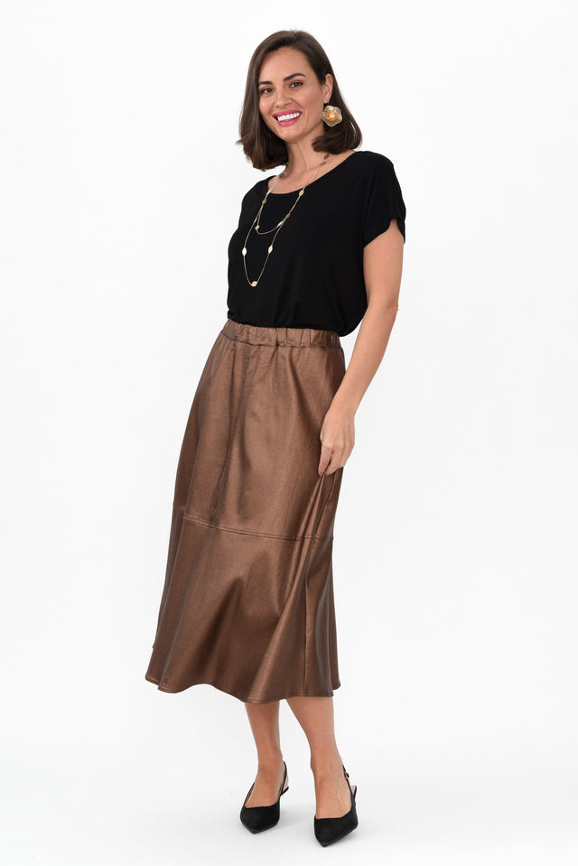 Oriel Bronze Faux Leather Midi Skirt,Brunette model,alt text|model:MJ image 4