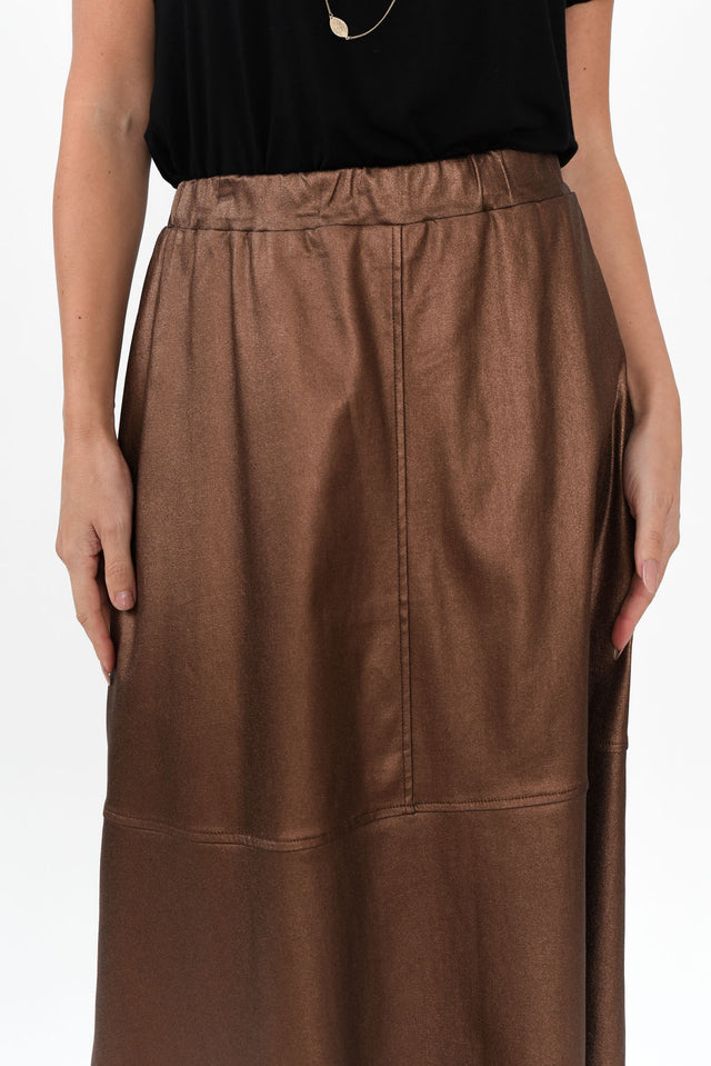 Oriel Bronze Faux Leather Midi Skirt,Brunette model,alt text|model:MJ image 5