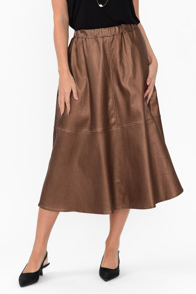 Oriel Bronze Faux Leather Midi Skirt,Brunette model,Oriel Bronze Faux Leather Midi Skirt length_Below Knee print_Plain hem_Straight colour_Brown SKIRTS alt text|model:MJ