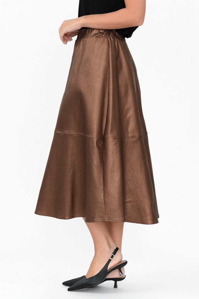 Oriel Bronze Faux Leather Midi Skirt,Brunette model,alt text|model:MJ image 6