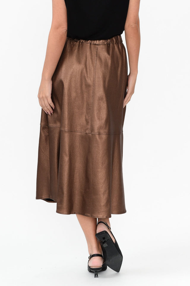 Oriel Bronze Faux Leather Midi Skirt,Brunette model,alt text|model:MJ image 7
