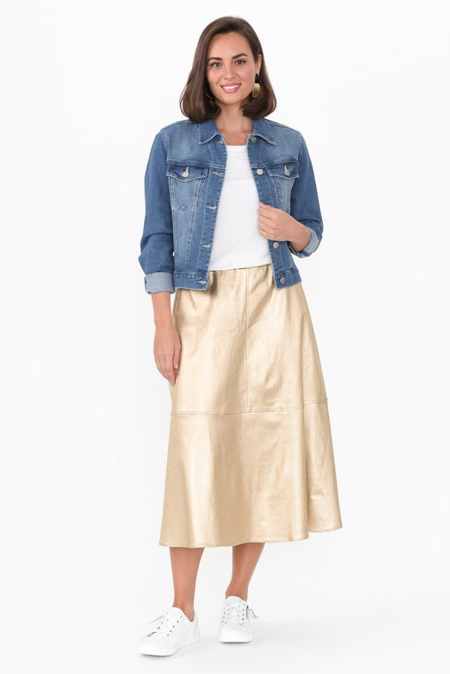 Oriel Gold Faux Leather Midi Skirt,Brunette model,alt text|model:MJ image 8
