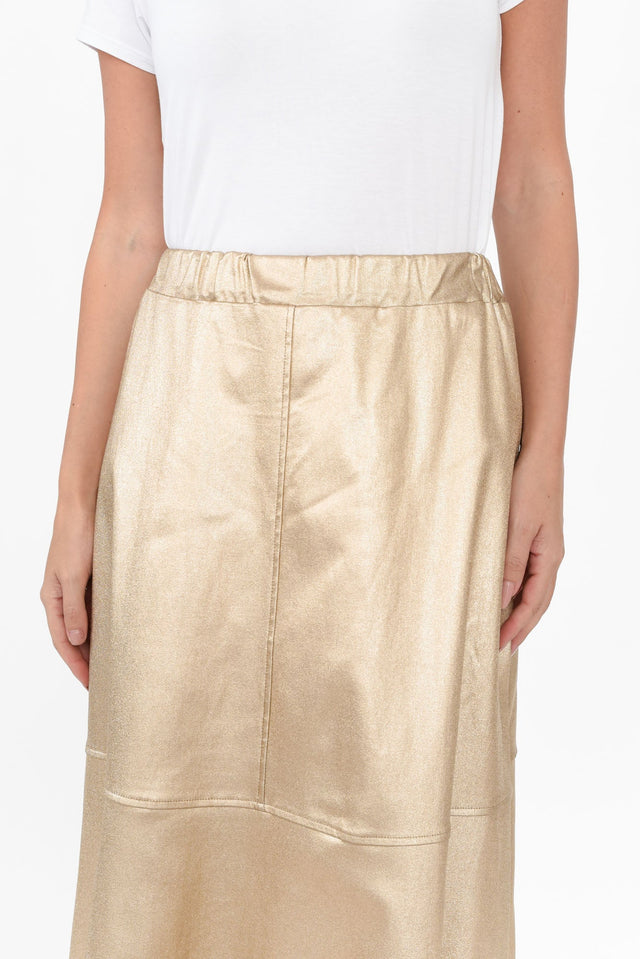 Oriel Gold Faux Leather Midi Skirt,Brunette model,alt text|model:MJ image 7